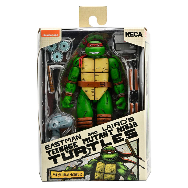 Figura articulada de Michelangelo de Tortugas Ninja con accesorios en caja con ventana
