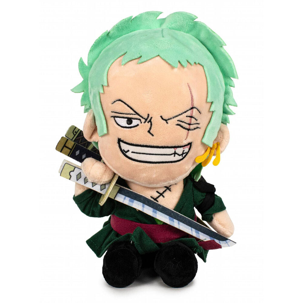 Peluche de Roronoa Zoro de One Piece con pelo verde y espadas