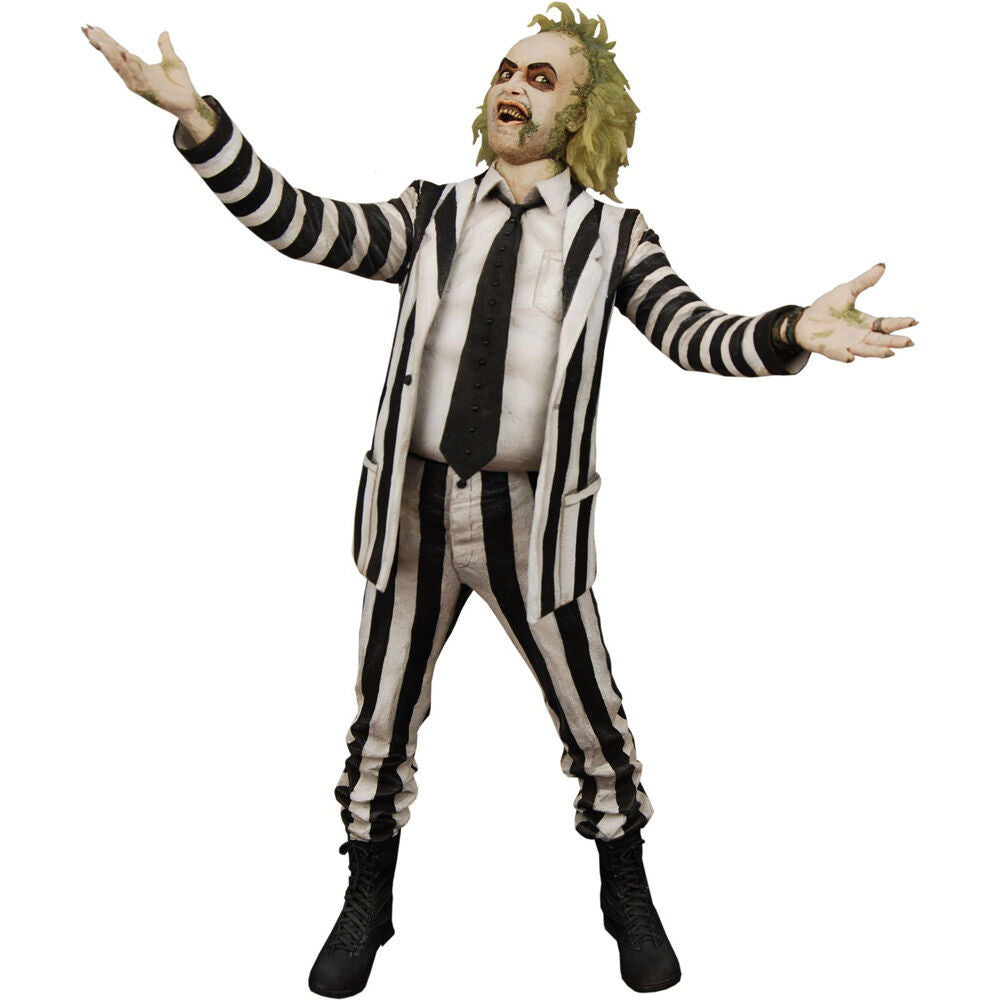 Figura de Beetlejuice NECA con traje de rayas y brazos extendidos