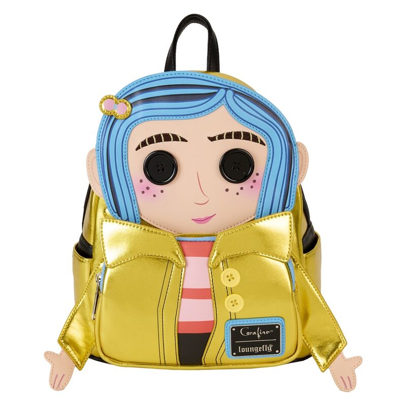 Mochila Loungefly de Coraline con diseño de muñeca y chaqueta dorada