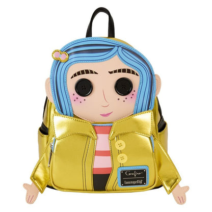 Mochila Loungefly de Coraline con diseño de muñeca y chaqueta dorada
