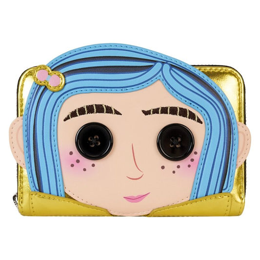 Cartera Loungefly de la muñeca Coraline en dorado y azul