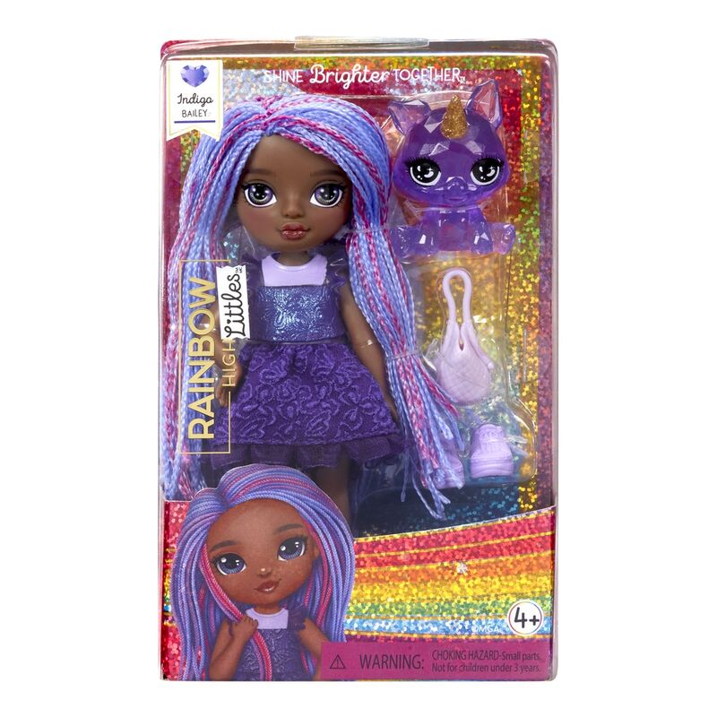 Muñeca Indigo Bailey morada Rainbow High con mascota y accesorios