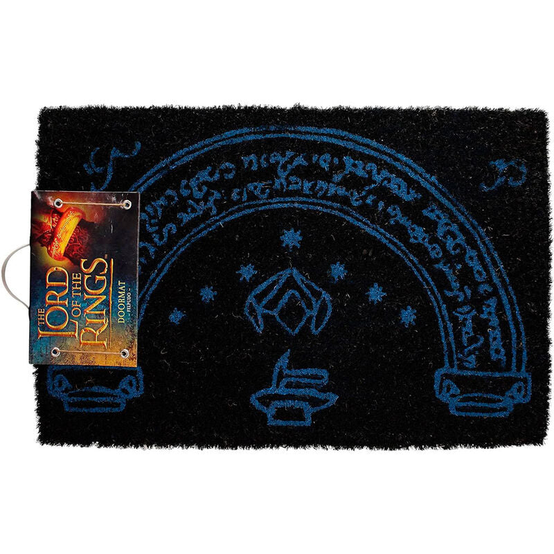 Felpudo negro de fibra de coco con diseño azul de la Puerta de Moria
