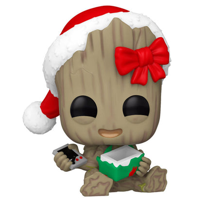 Figura Funko POP! de Groot con gorro festivo, mando y regalo