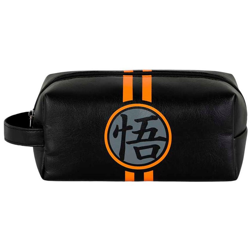 Neceser negro de Dragon Ball con emblema frontal y franjas naranjas