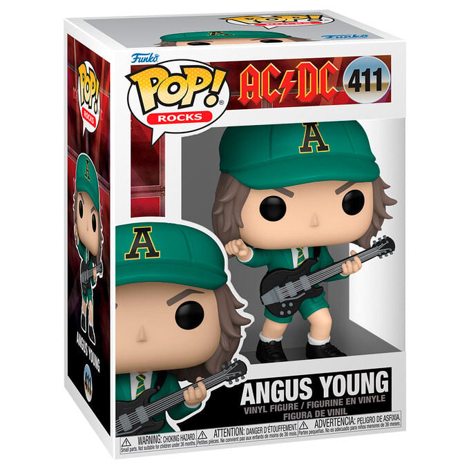 Figura Funko POP! de Angus Young de AC/DC con gorra verde y guitarra