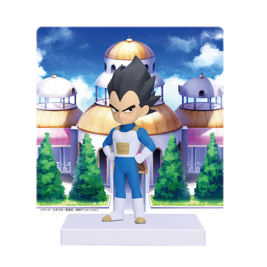 Figura miniatura de Vegeta de Dragon Ball Daima con panel ilustrado