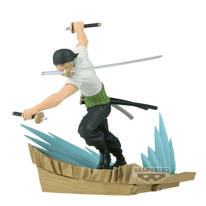 Figura de Roronoa Zoro de One Piece con tres katanas sobre una base de acción