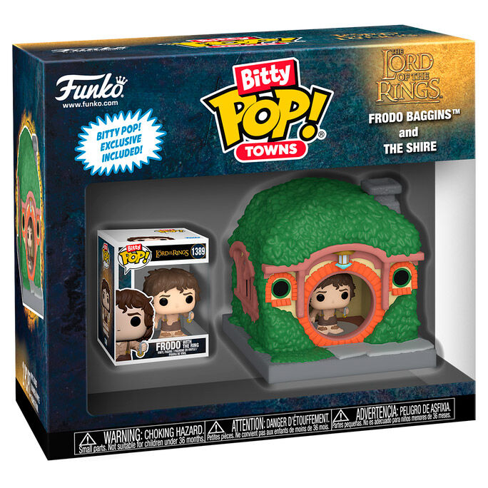 FUNKO Bitty POP! Town de Frodo Baggins junto a una casa de la Comarca