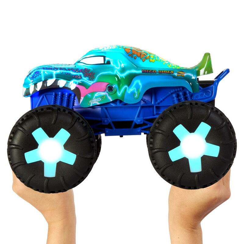 Coche teledirigido Hot Wheels Mega-Wrex azul con grandes ruedas y mando - 3