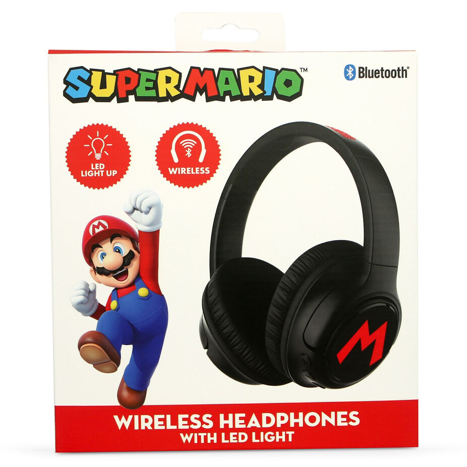 Auriculares inalámbricos negros Super Mario Bros con LED y gráfico rojo - 4
