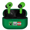 Auriculares inalámbricos Minecraft verdes con estuche y detalles pixelados
