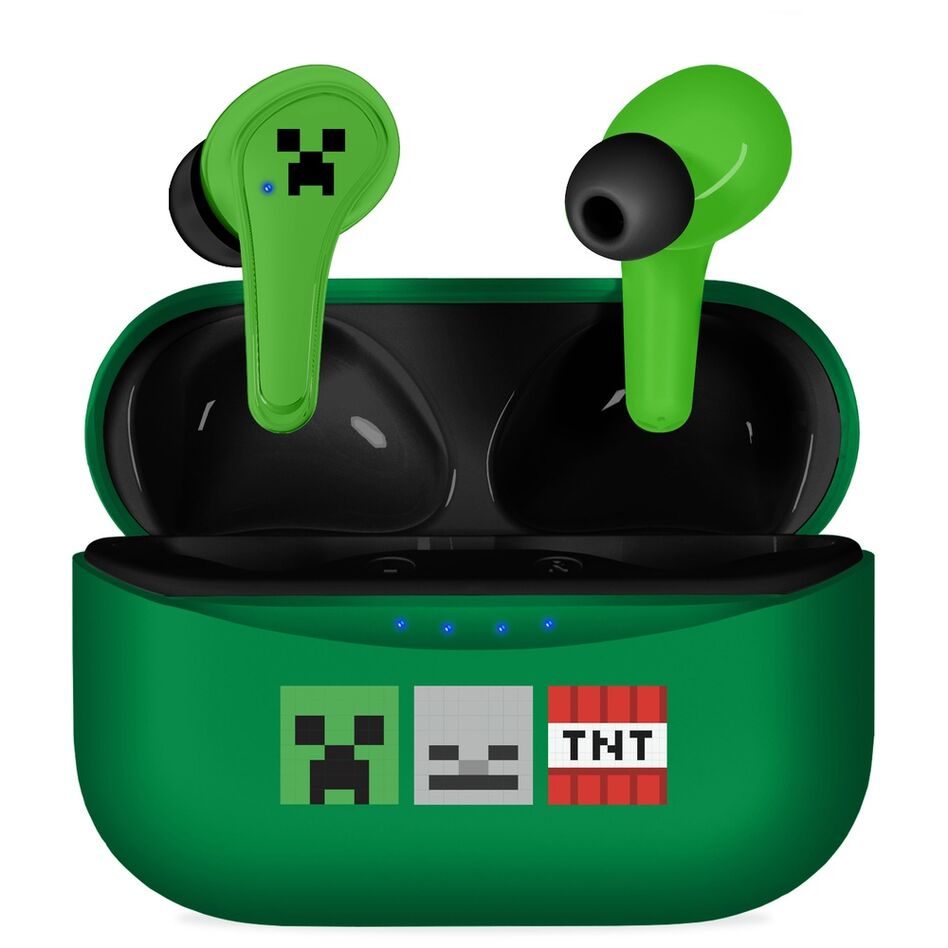 Auriculares inalámbricos Minecraft verdes con estuche y detalles pixelados
