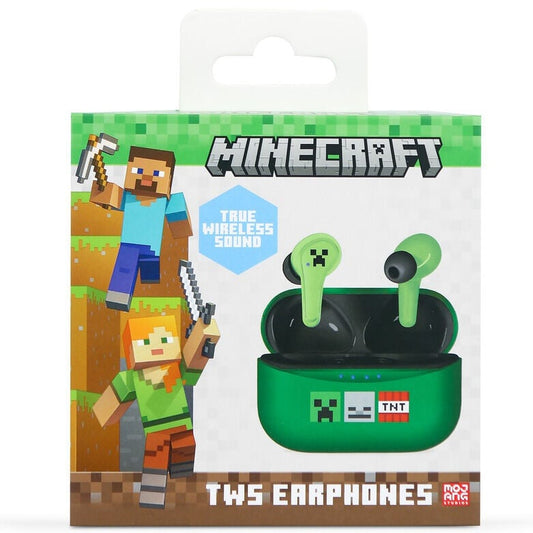Auriculares inalámbricos Minecraft verdes con estuche y detalles pixelados - 3