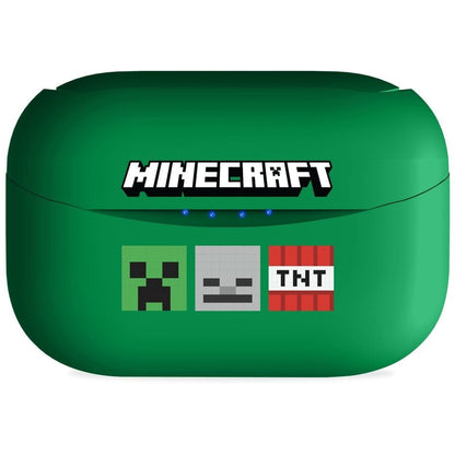 Auriculares inalámbricos Minecraft verdes con estuche y detalles pixelados - 4