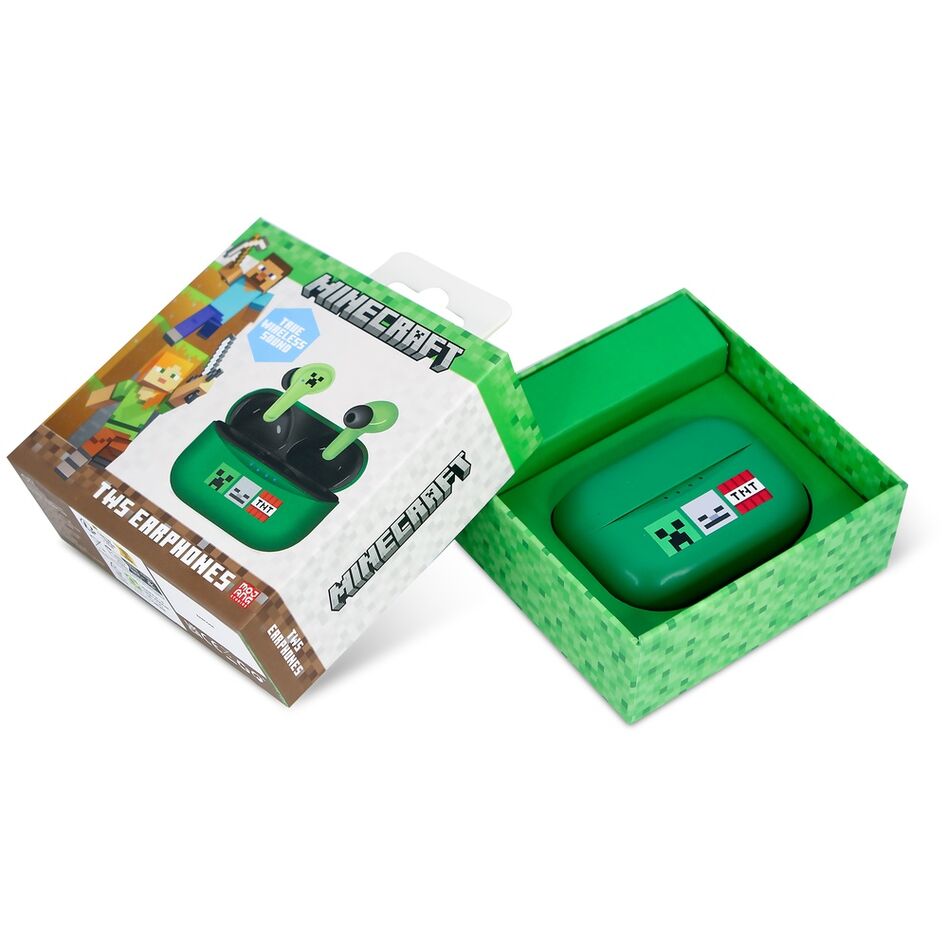 Auriculares inalámbricos Minecraft verdes con estuche y detalles pixelados - 6