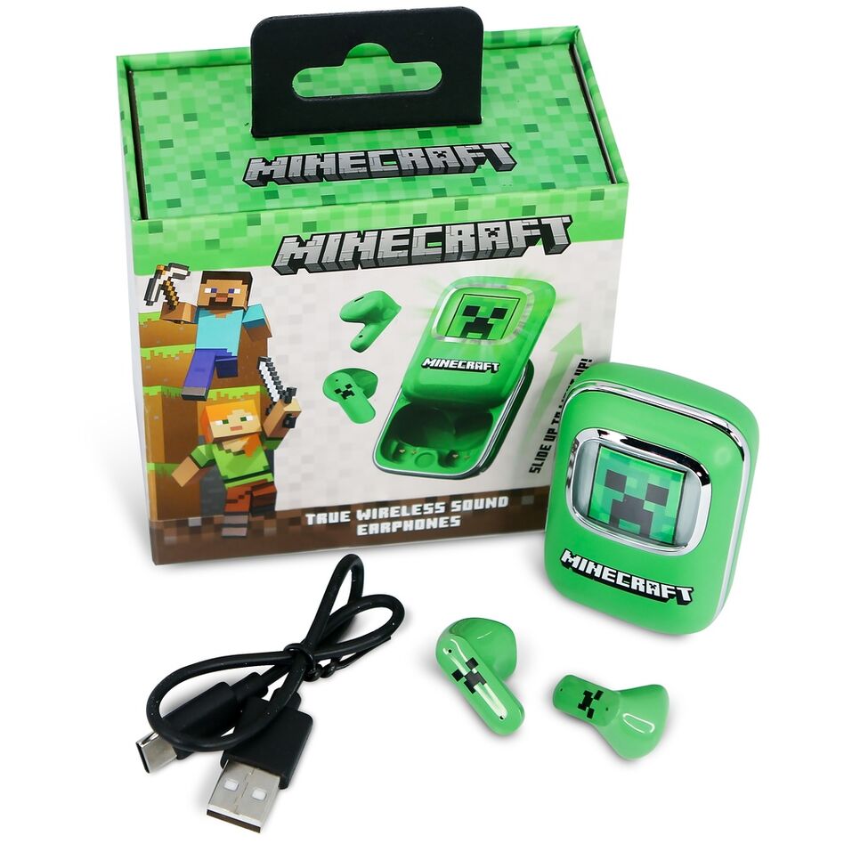 Auriculares inalámbricos Minecraft verdes con estuche deslizante y pantalla LED - 7