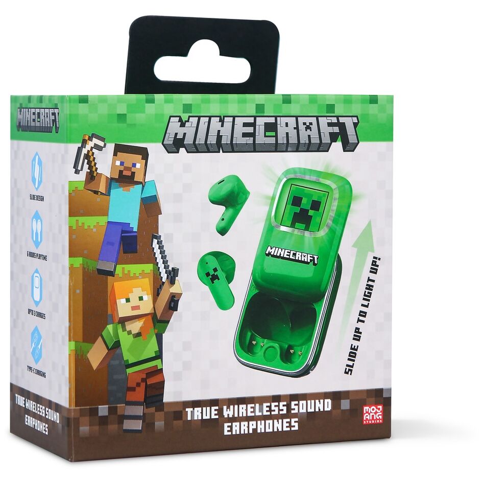 Auriculares inalámbricos Minecraft verdes con estuche deslizante y pantalla LED - 8