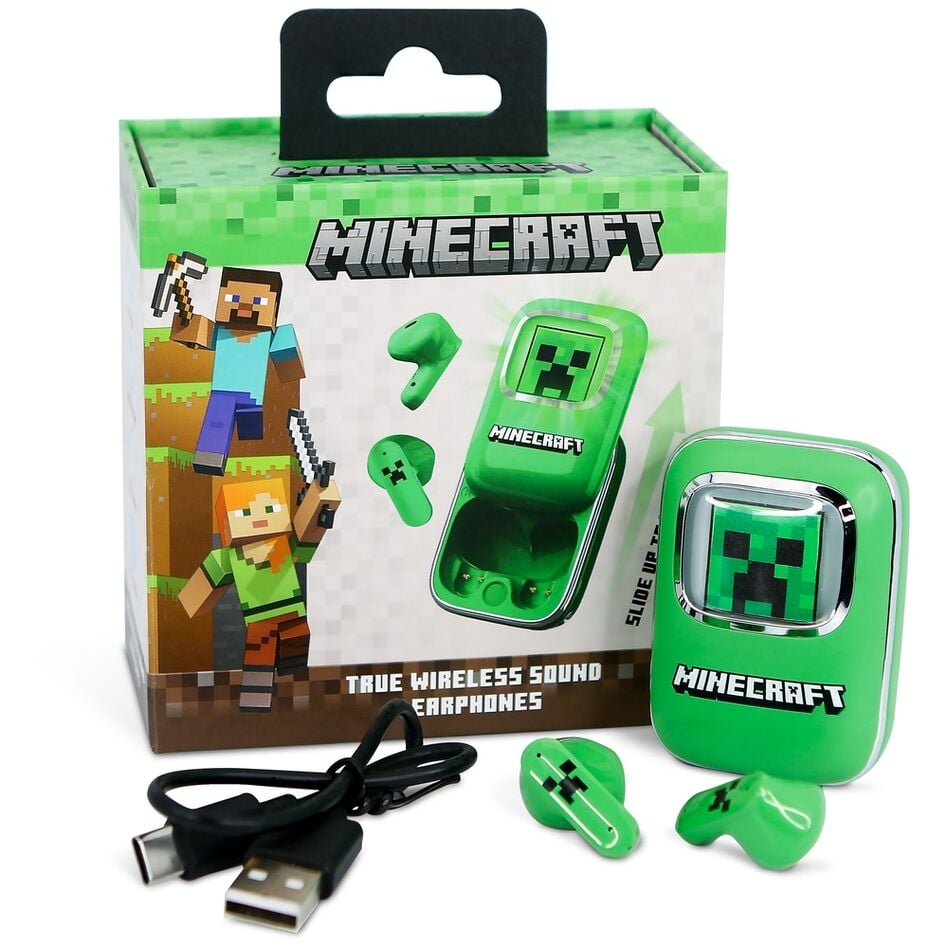 Auriculares inalámbricos Minecraft verdes con estuche deslizante y pantalla LED - 9