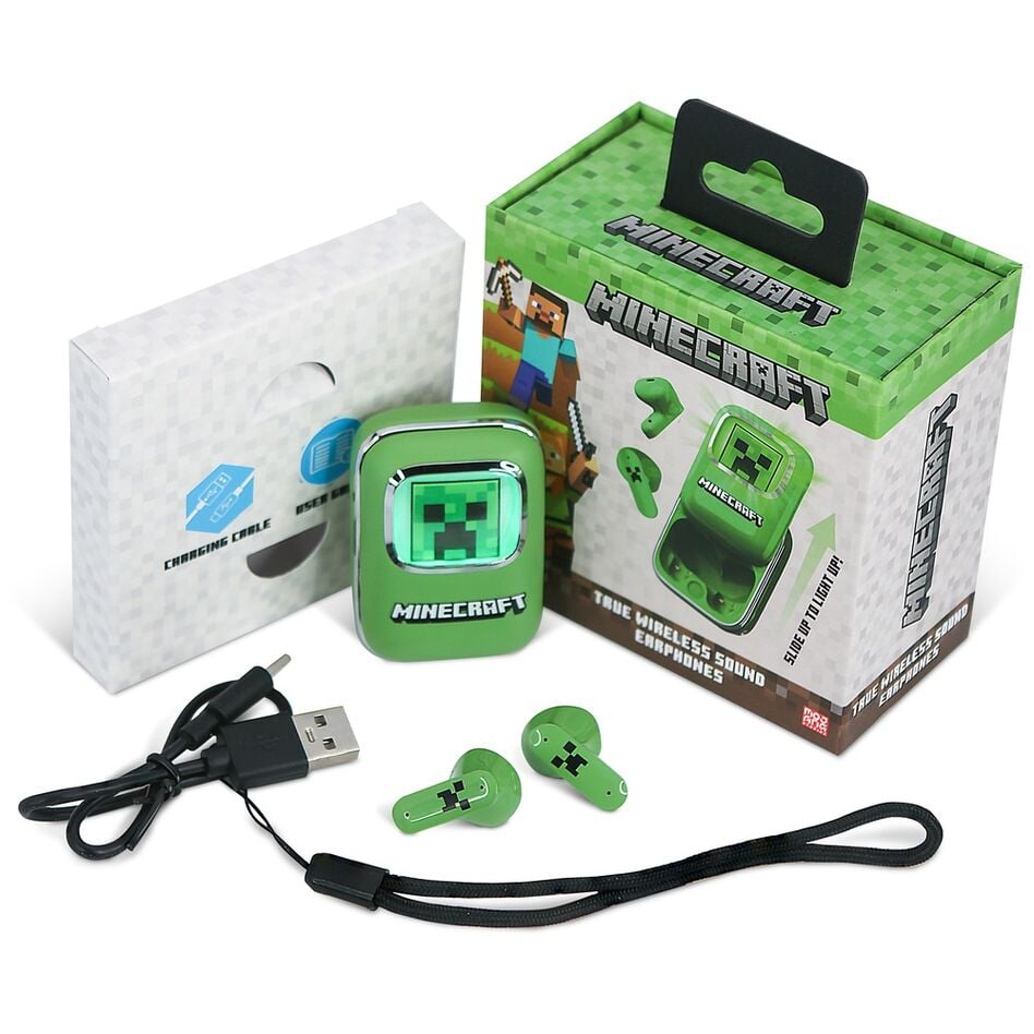 Auriculares inalámbricos Minecraft verdes con estuche deslizante y pantalla LED - 12
