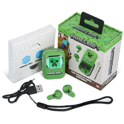 Auriculares inalámbricos Minecraft verdes con estuche deslizante y pantalla LED - 12