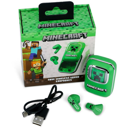 Auriculares inalámbricos Minecraft verdes con estuche deslizante y pantalla LED - 13