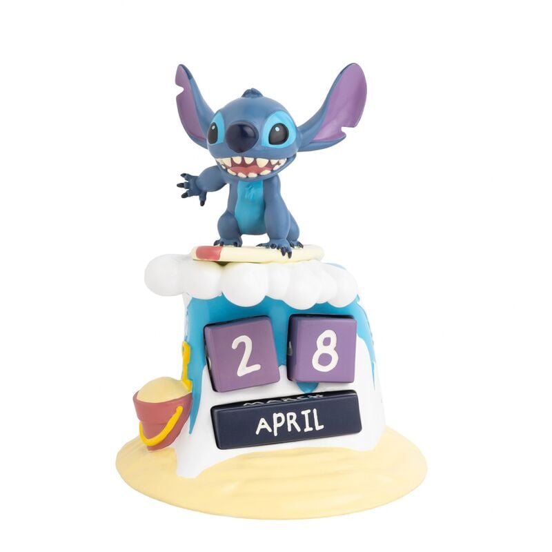 Calendario perpetuo 3D de Stitch Disney sobre una tabla de surf
