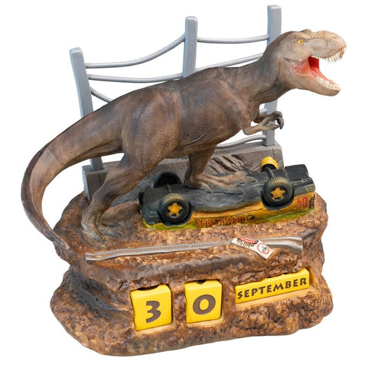 Calendario perpetuo 3D de Jurassic Park con T-Rex, vehículo y vallas