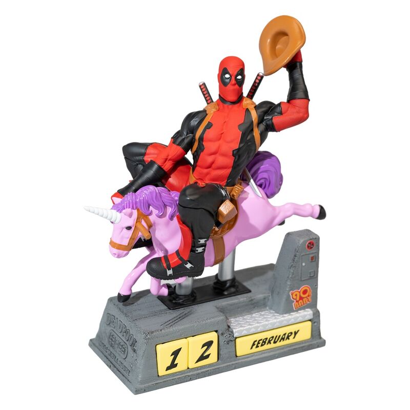Calendario perpetuo 3D de Deadpool sobre un unicornio morado