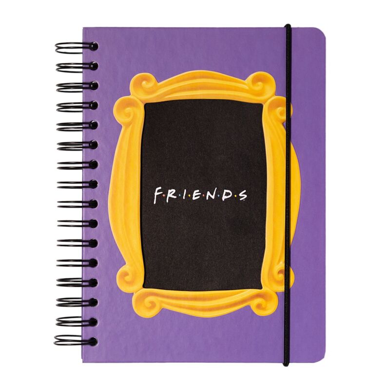 Cuaderno A5 Friends morado con marco amarillo y cierre elástico