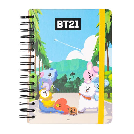 Cuaderno A5 BT21 ERIK con ilustración de personajes y banda elástica amarilla