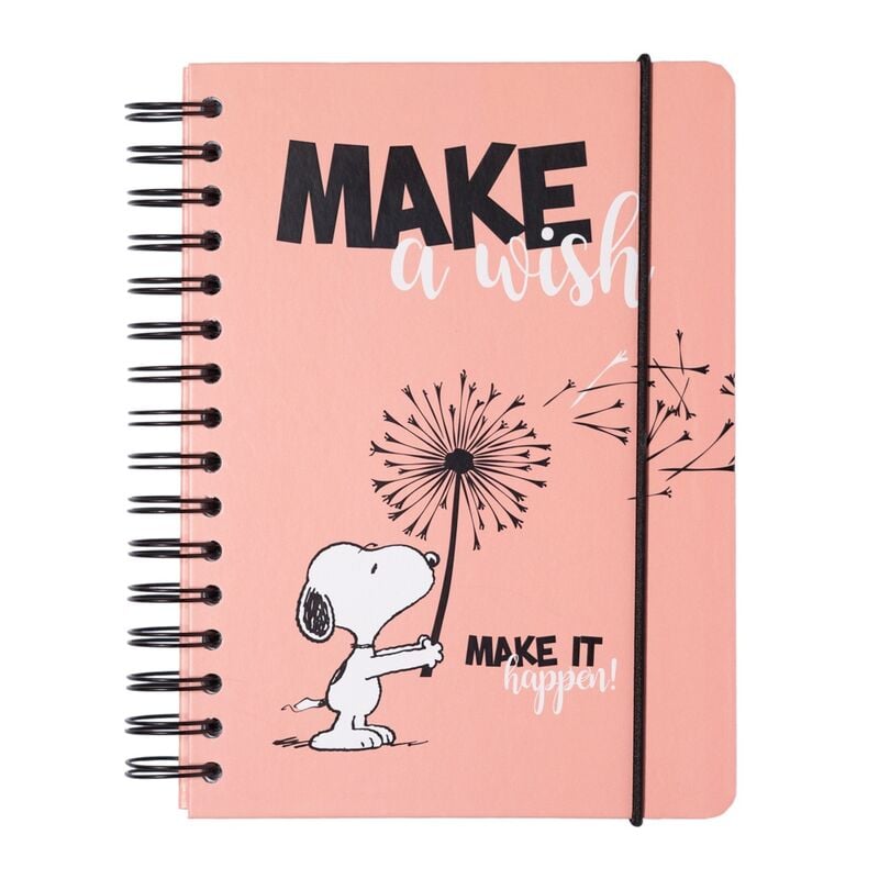Cuaderno A5 rosa de Snoopy con tapa dura y cierre elástico