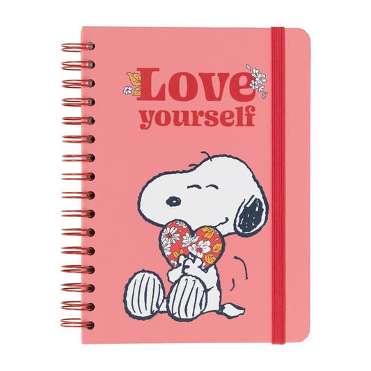 Cuaderno rosa Love Yourself de Snoopy con cierre elástico