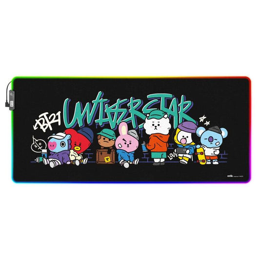 Alfombrilla gaming ERIK BT21 negra con personajes y borde LED RGB