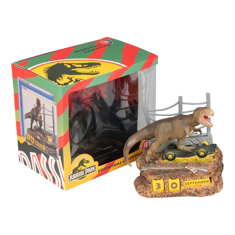 Calendario perpetuo 3D de Jurassic Park con T-Rex, vehículo y vallas - 3