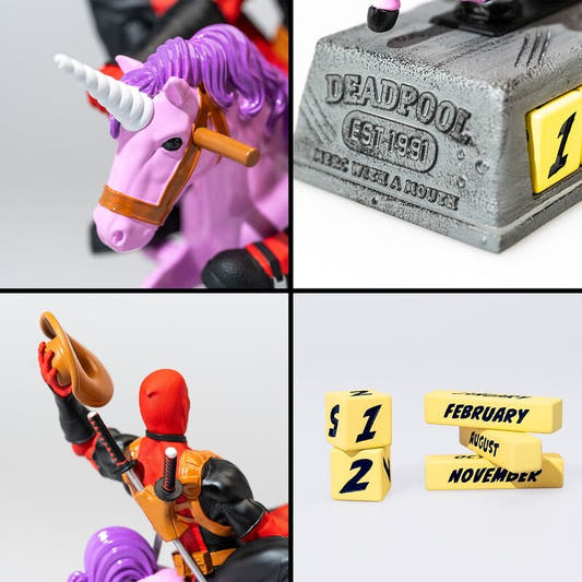 Calendario perpetuo 3D de Deadpool sobre un unicornio morado - 3