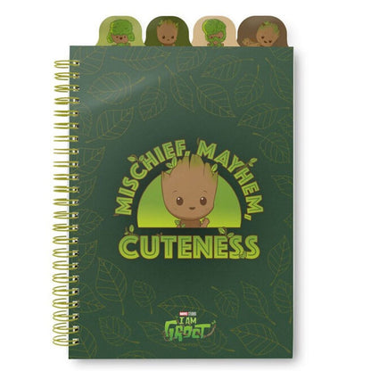 Cuaderno A5 de Groot Marvel verde con hojas y cuatro separadores