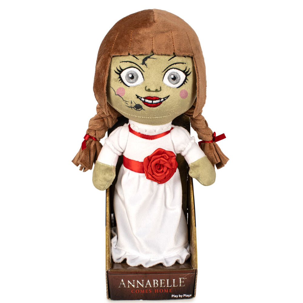 Peluche de Annabelle de 27 cm con vestido blanco y detalles rojos en expositor