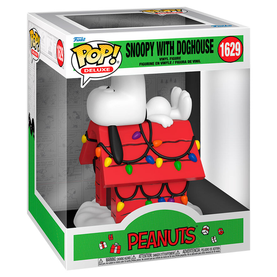 Figura FUNKO POP Deluxe de Snoopy sobre una caseta roja con luces multicolor