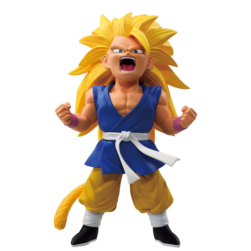 Figura de Son Goku en Super Saiyan 3 con uniforme azul y larga melena dorada