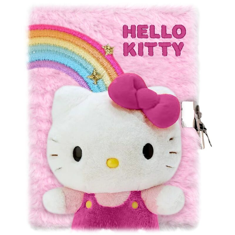 Diario de peluche rosa de Hello Kitty con arcoíris y lazo fucsia