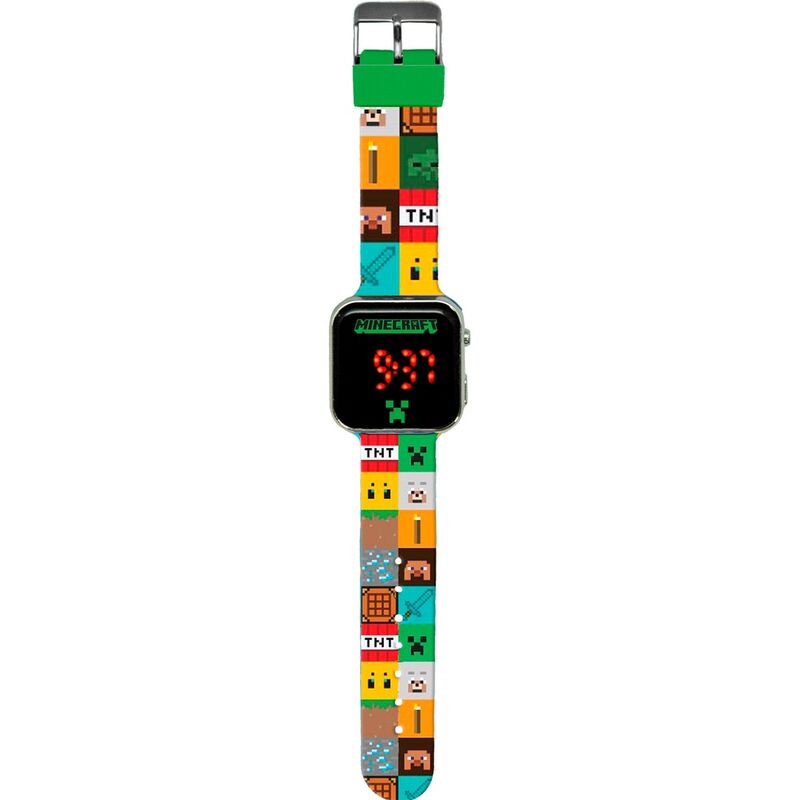 Reloj LED Minecraft con correa multicolor pixelada