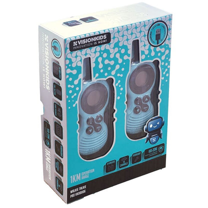 Dos walkie talkies VISION KIDS azules con pantalla LCD y linterna LED