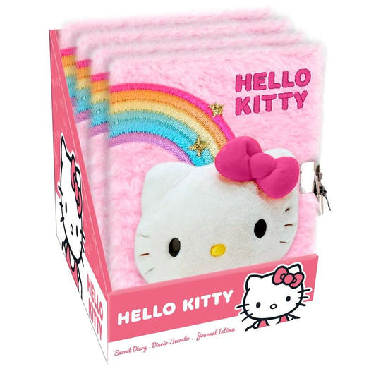 Diario de peluche rosa de Hello Kitty con arcoíris y lazo fucsia - 3