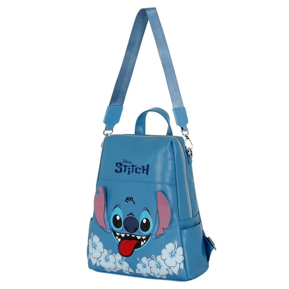 Mochila azul Disney Stitch con lengua roja y flores tropicales - 3