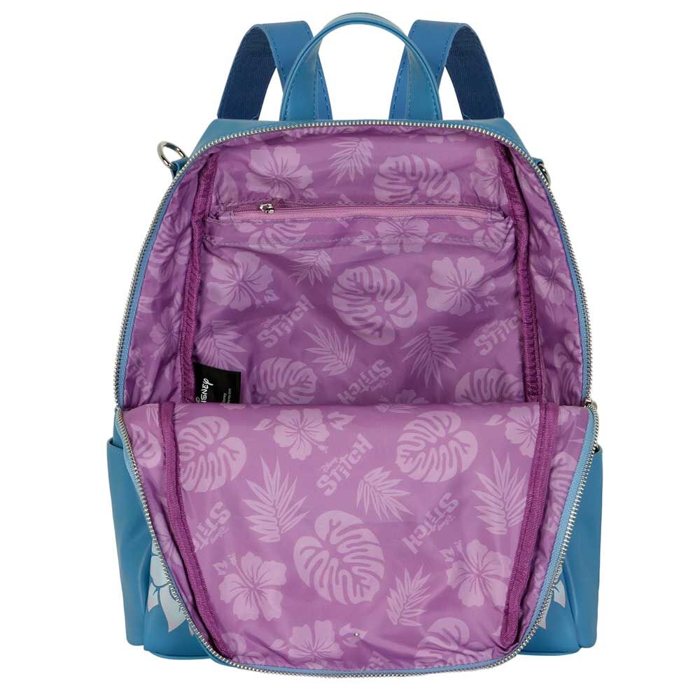 Mochila azul Disney Stitch con lengua roja y flores tropicales - 4