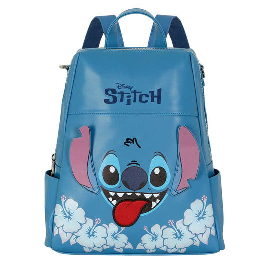 Mochila azul Disney Stitch con lengua roja y flores tropicales