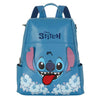 Mochila azul Disney Stitch con lengua roja y flores tropicales
