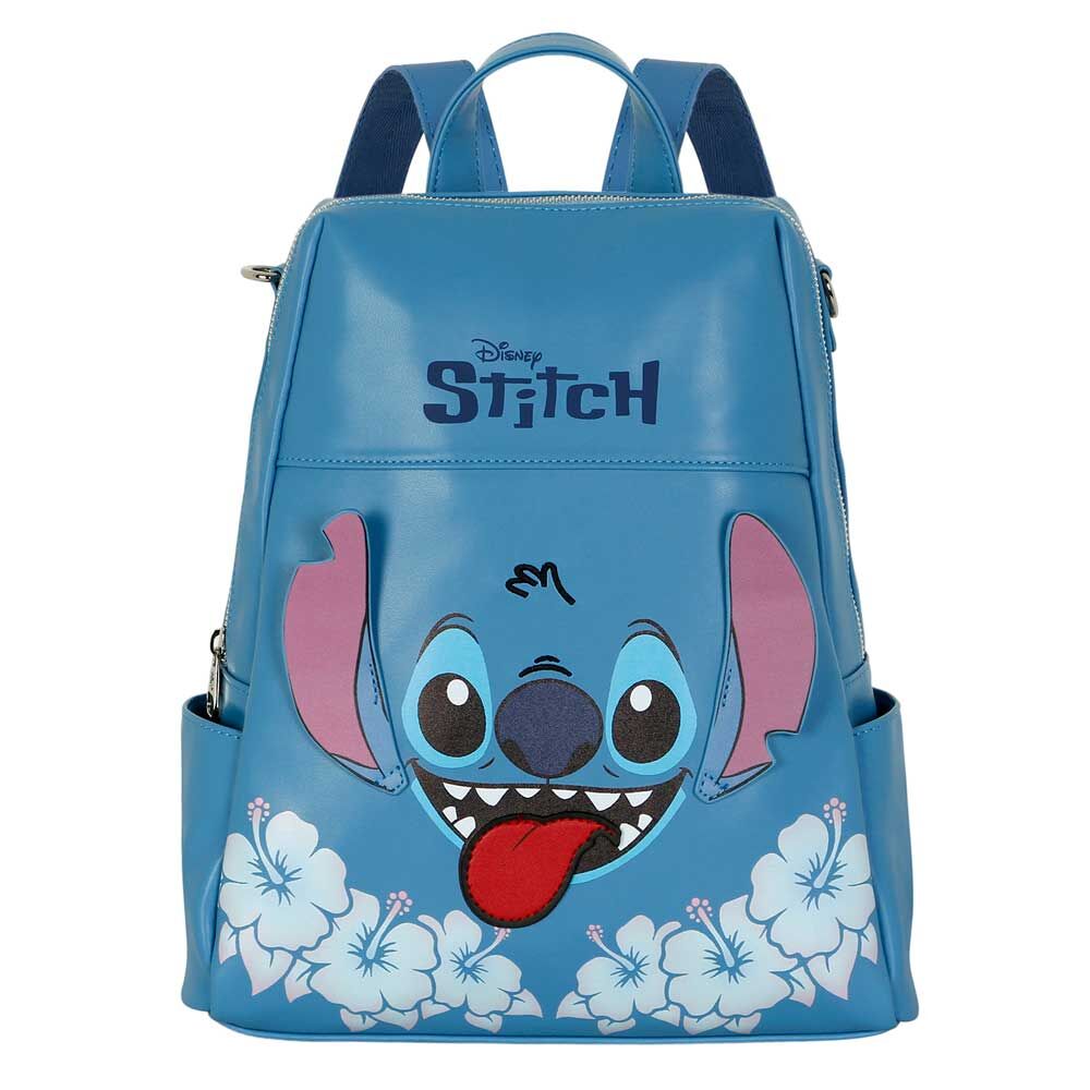 Mochila azul Disney Stitch con lengua roja y flores tropicales